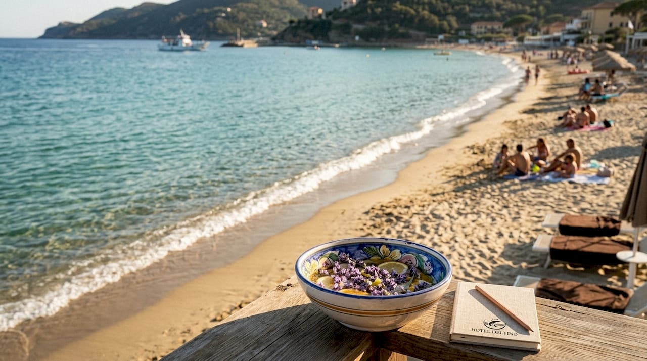 Il profumo degli oli essenziali di menta ed eucalipto si diffonde sulla sabbia dell’Elba, regalando una sensazione di freschezza in riva al mare.