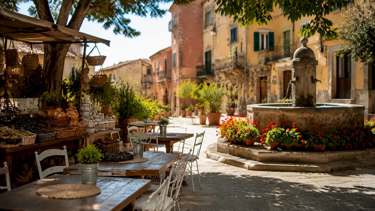 Una tipica stradina di un borgo mediterraneo animata da un mercato colorato e decorata da vasi di fiori alle finestre.