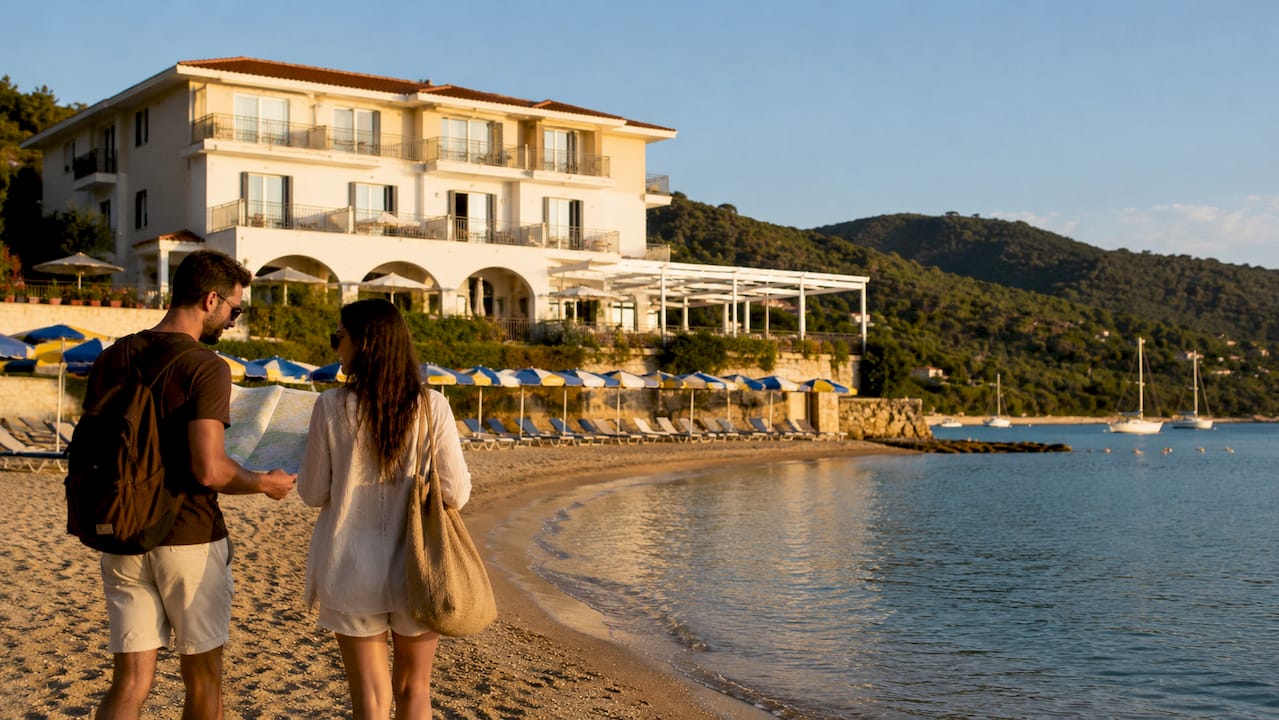 Una famiglia si dirige verso la spiaggia dell’Hotel Delfino, pronta a godersi una giornata di relax al mare.