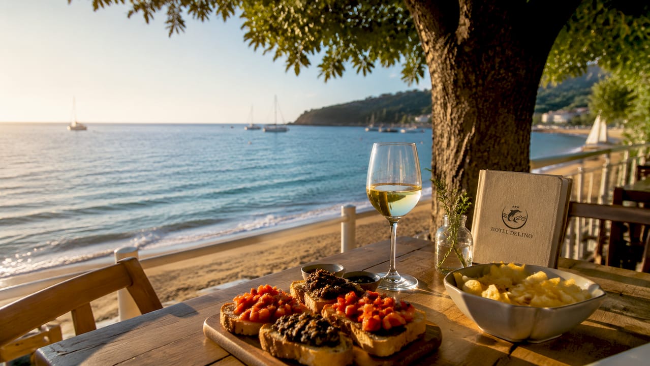 Terrazza panoramica dell’hotel affacciata direttamente sulla baia di Procchio
