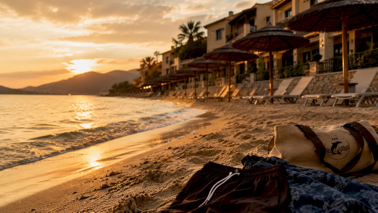 Spiaggia di sabbia dorata e vista sulla facciata di un hotel a Procchio, sull’Isola d’Elba.