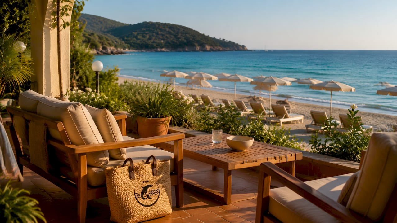Terrazza panoramica di un hotel direttamente sulla spiaggia a Procchio, sull’Isola d’Elba, baciata dal sole