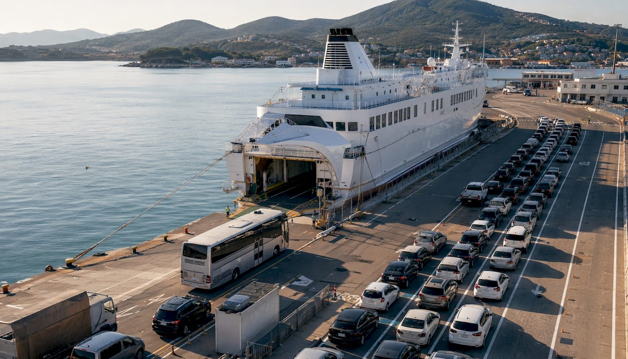 Il traghetto è già ormeggiato al porto di Piombino, pronto a salpare per l’Isola d’Elba.