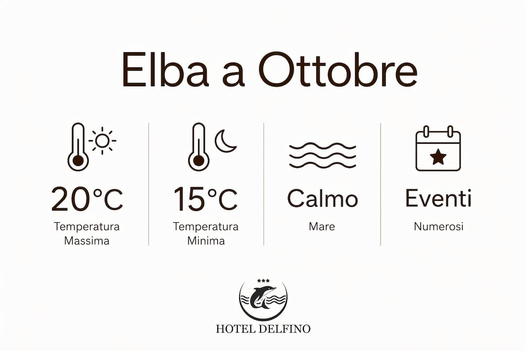 Grafico informativo: temperature, condizioni del mare ed eventi principali all’Elba nel mese di ottobre