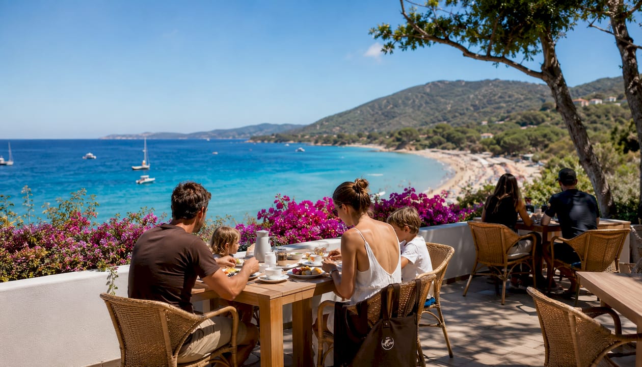 La terrazza dell’Hotel Delfino regala una splendida vista sul mare e sulla spiaggia, ideale per momenti di relax e aperitivi al tramonto.