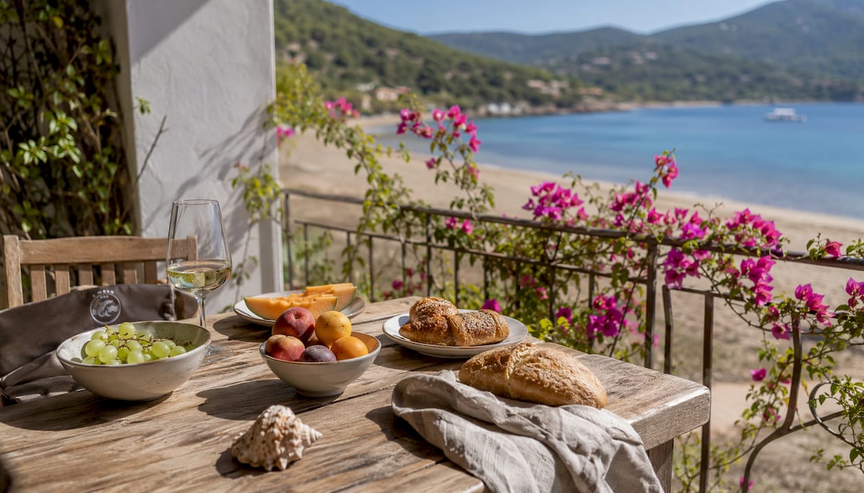 Colazione sul balcone vista mare nell’appartamento all’Elba: il modo perfetto per iniziare la giornata.