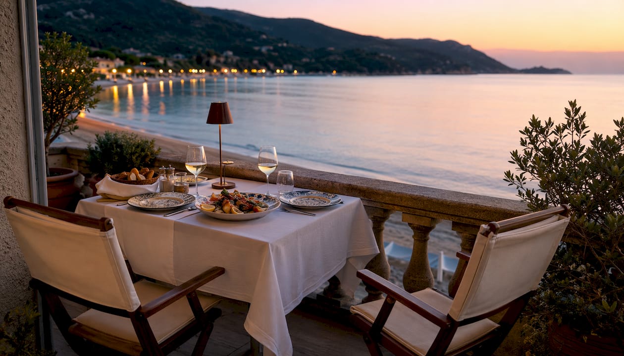 Tavolo per due vuoto su un balcone affacciato sul mare al tramonto