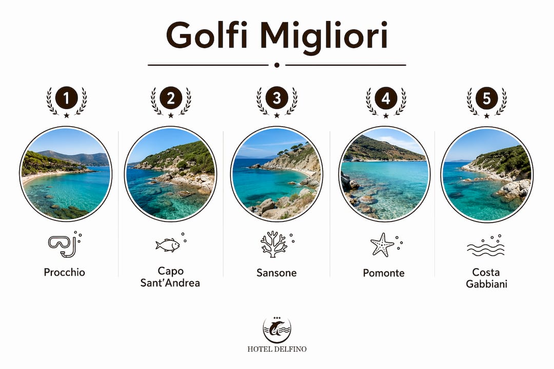 Scopri la classifica dei migliori golfi dell’Isola d’Elba per fare snorkeling, presentata in una pratica infografica.
